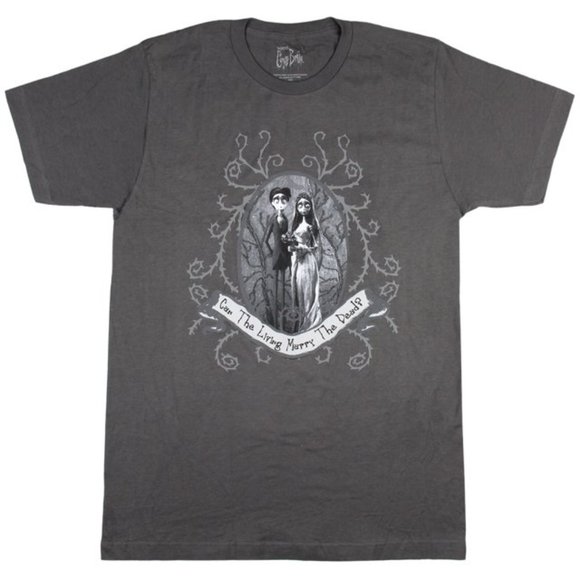 Corpse Bride Mens Can The Living Marry The Dead Victor & Emily Gray Shirt New - Picture 1 of 5